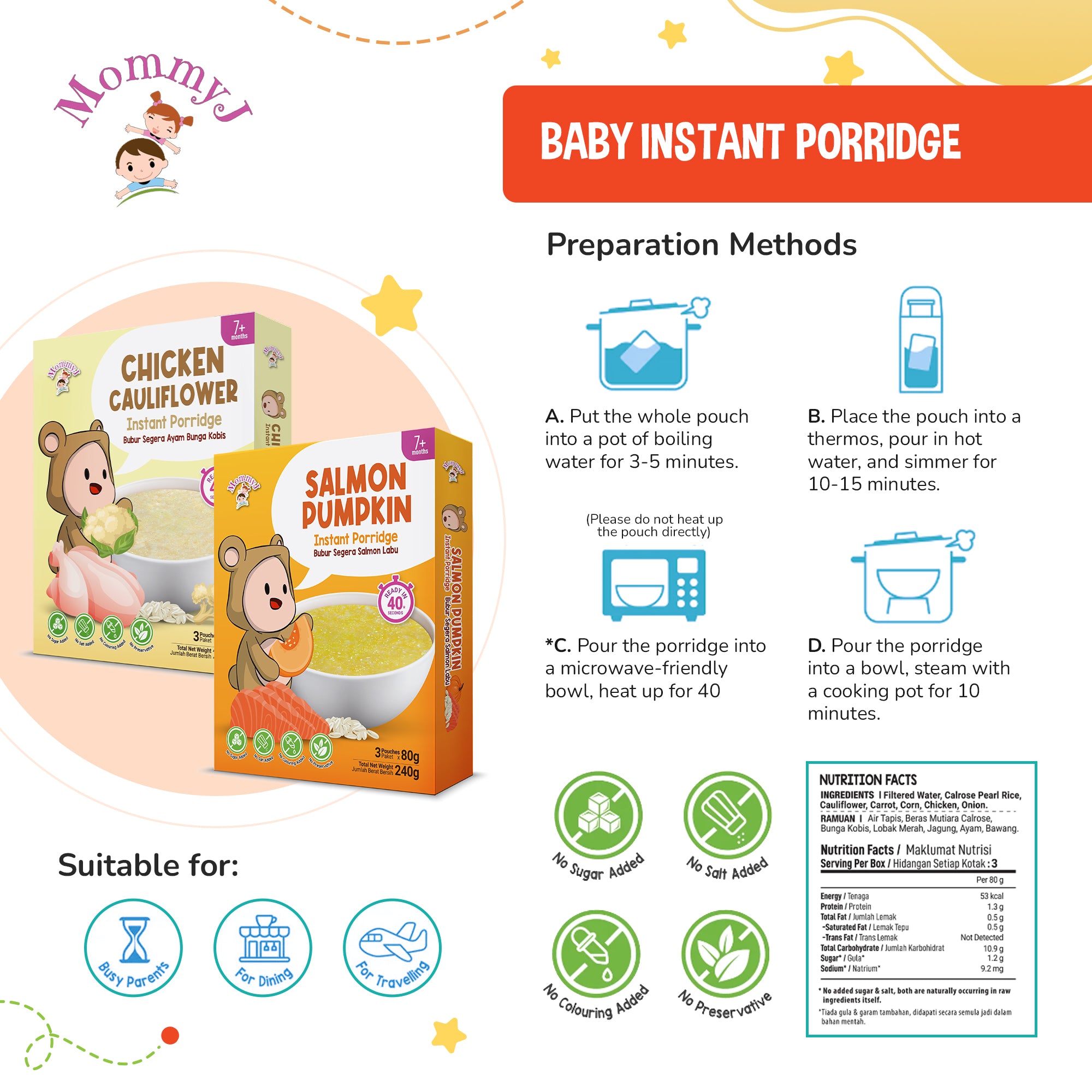 MommyJ Baby Instant Porridge for 7M+, 3 Individual Pouch, 2 Flavors (Chicken Cauliflower, Salmon Pumpkin)