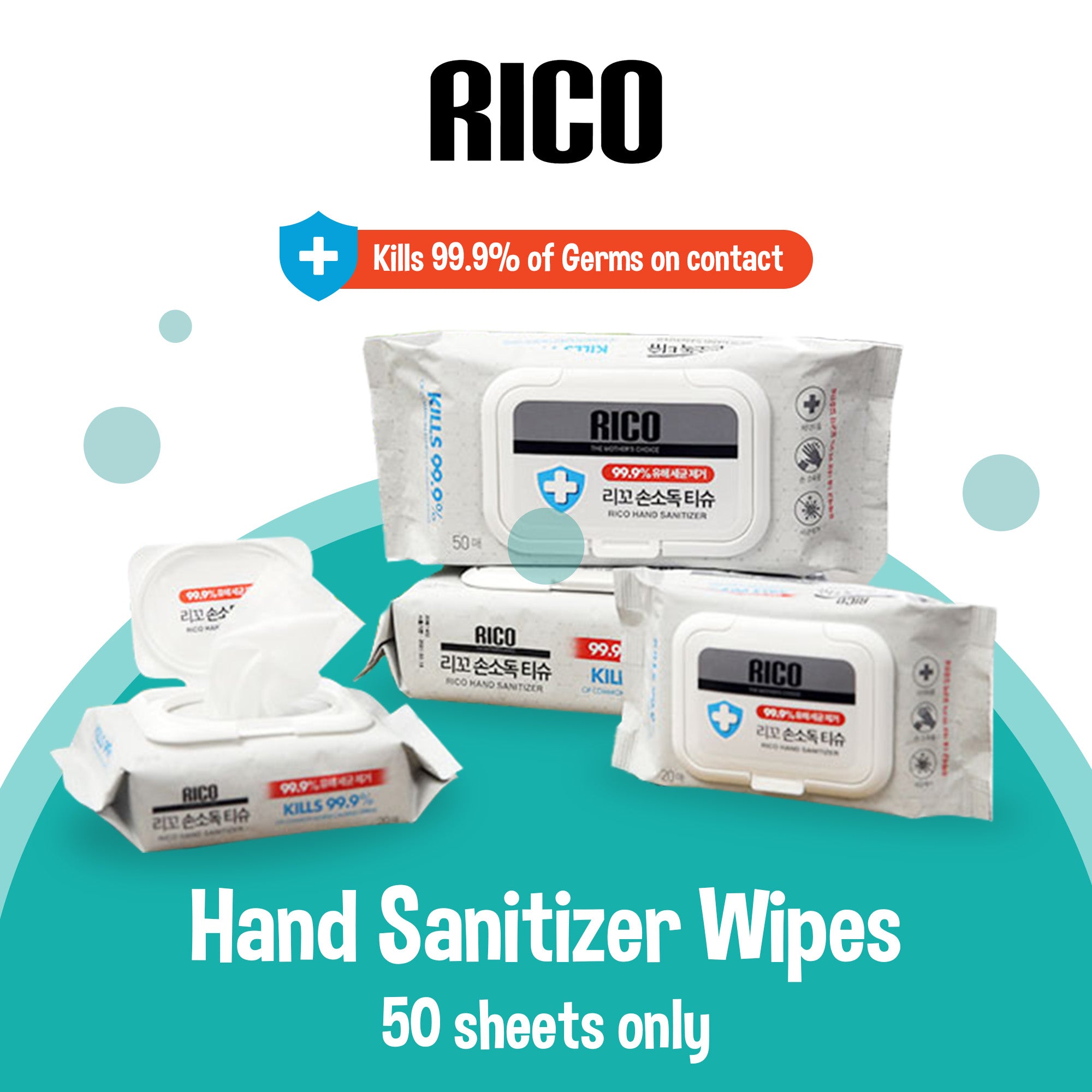 Rico Hand Sanitizer Wipes (20s or 50s), Made in Korea