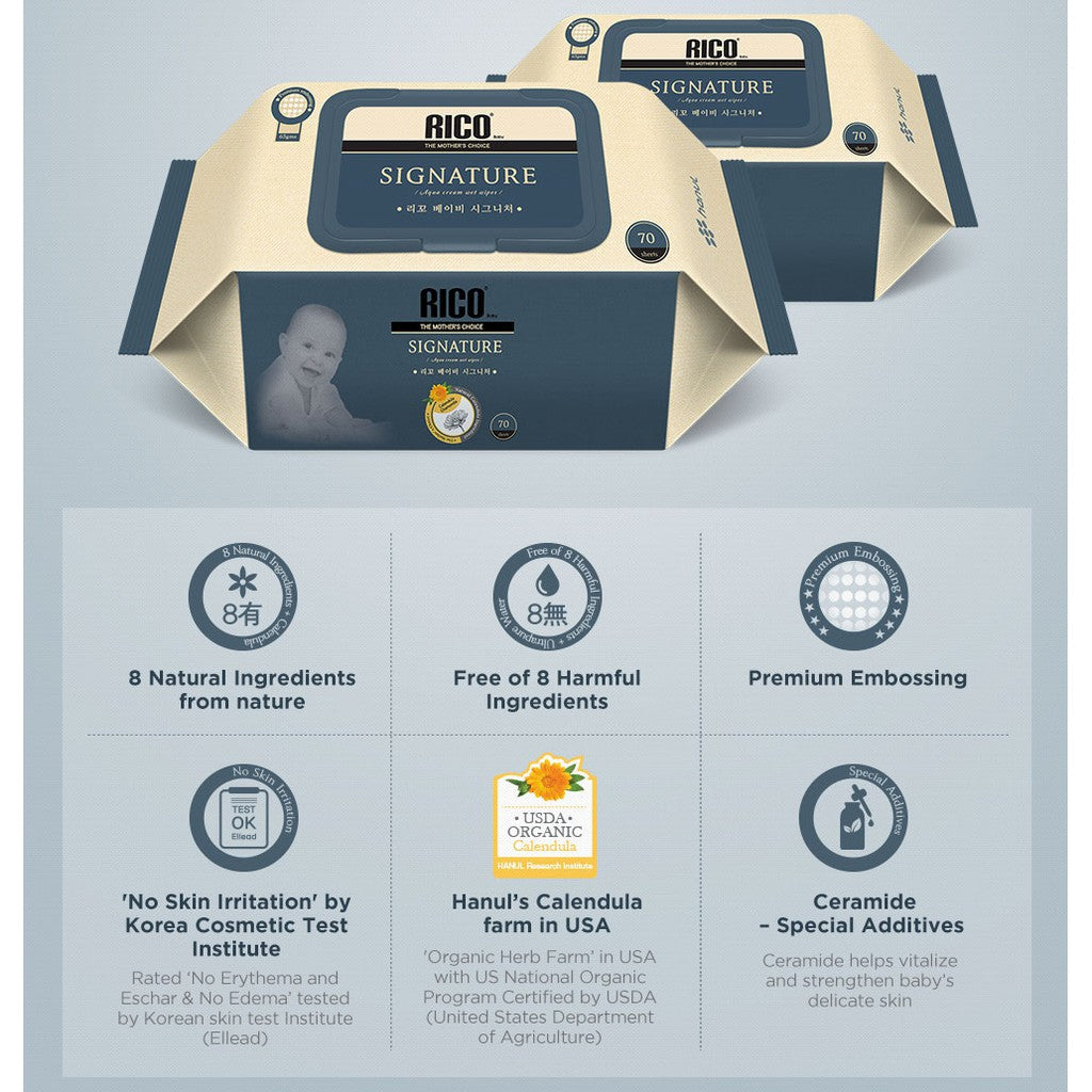 Rico Signature Organic Baby Wet Wipes (20s or 70s), Made in Korea