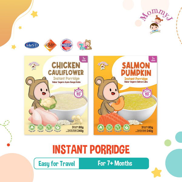 MommyJ Baby Instant Porridge for 7M+, 3 Individual Pouch, 2 Flavors (Chicken Cauliflower, Salmon Pumpkin)