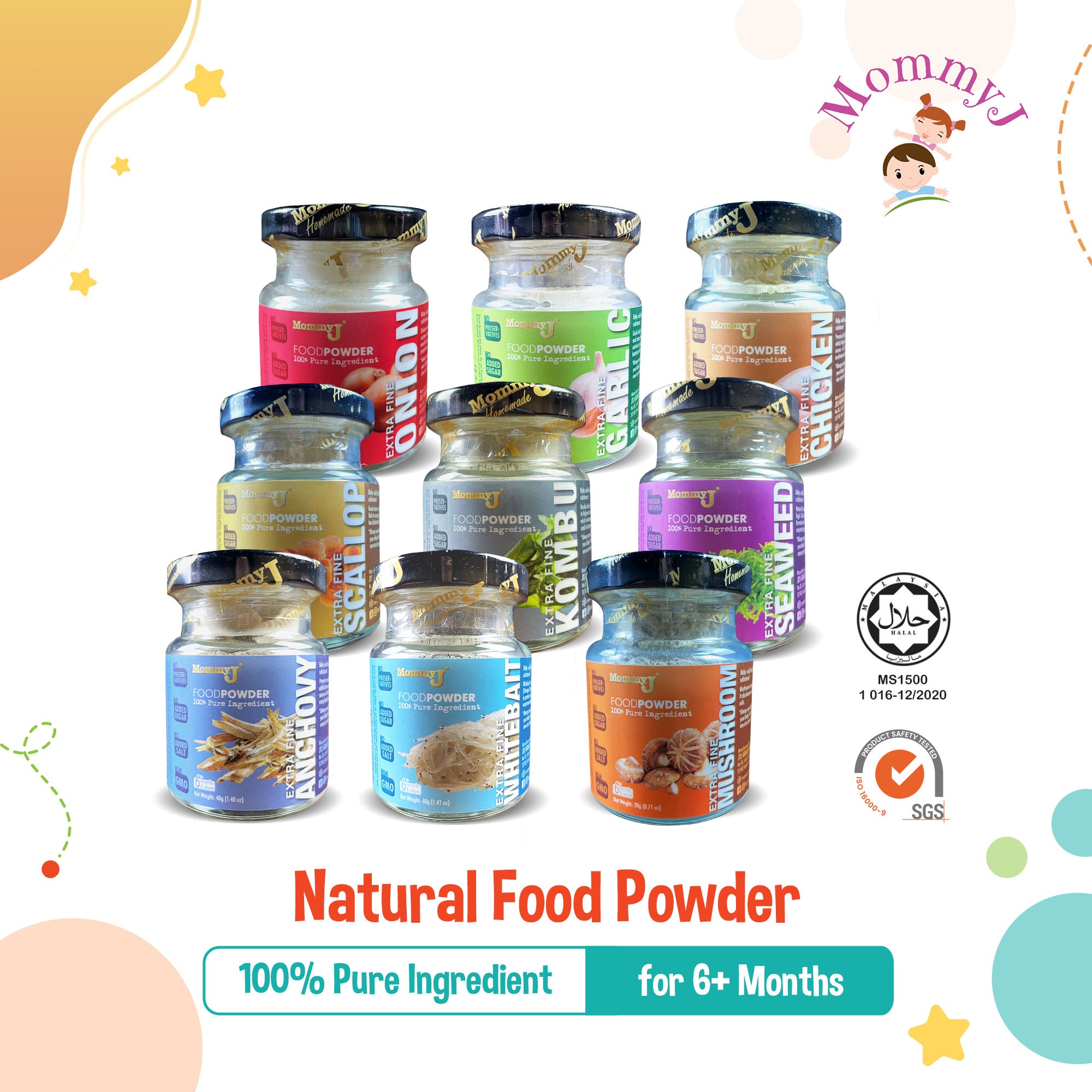 MommyJ Natural Food Powder for 6M+, 9 Flavors (Anchovy, Chicken, Scallop, Whitebait, Garlic, Kombu, Mushroom, Onion, Seaweed)