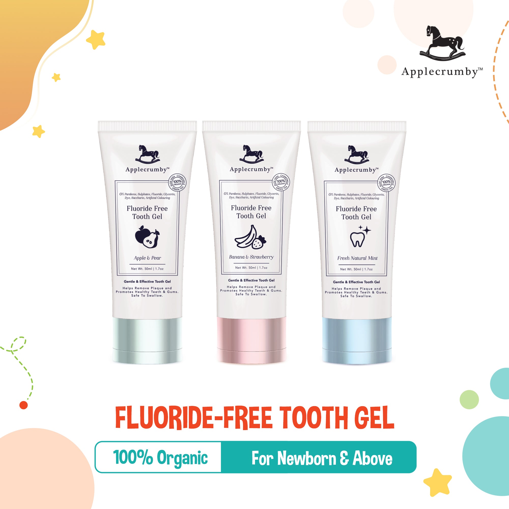 Applecrumby Fluoride-Free Toothgel for Newborn (50mL), 3 Flavors