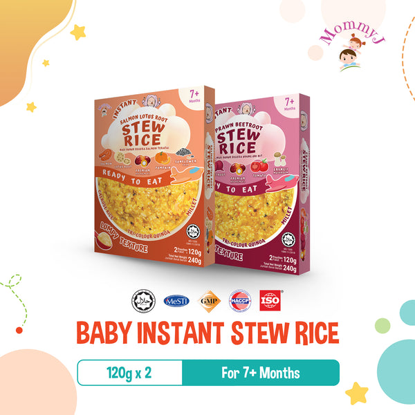 MommyJ Baby Instant Stew Rice for 7M+, 2 Individual Pouch, 2 Flavors (Salmon Lotus Root, Prawn Beetroot)