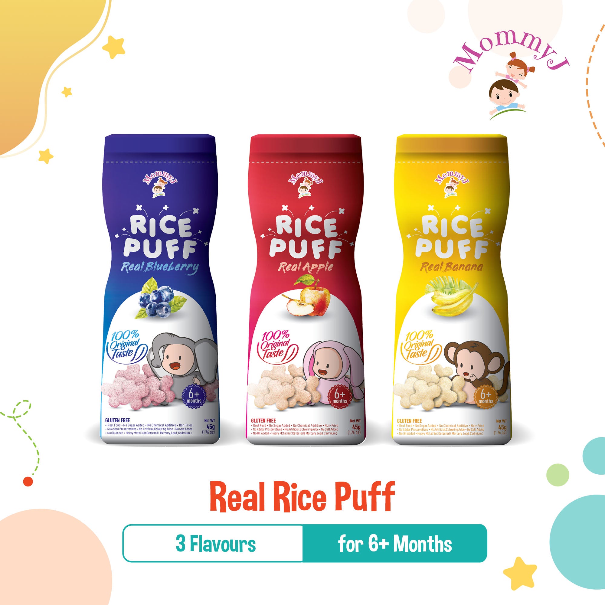 MommyJ Baby Pure Rice Puff for 6M+, 3 Flavors (Apple, Banana, Blueberr ...