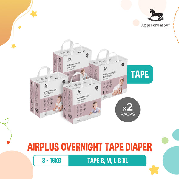 Applecrumby Airplus OVERNIGHT Diaper (Mini Pack), TAPE, Twin Pack