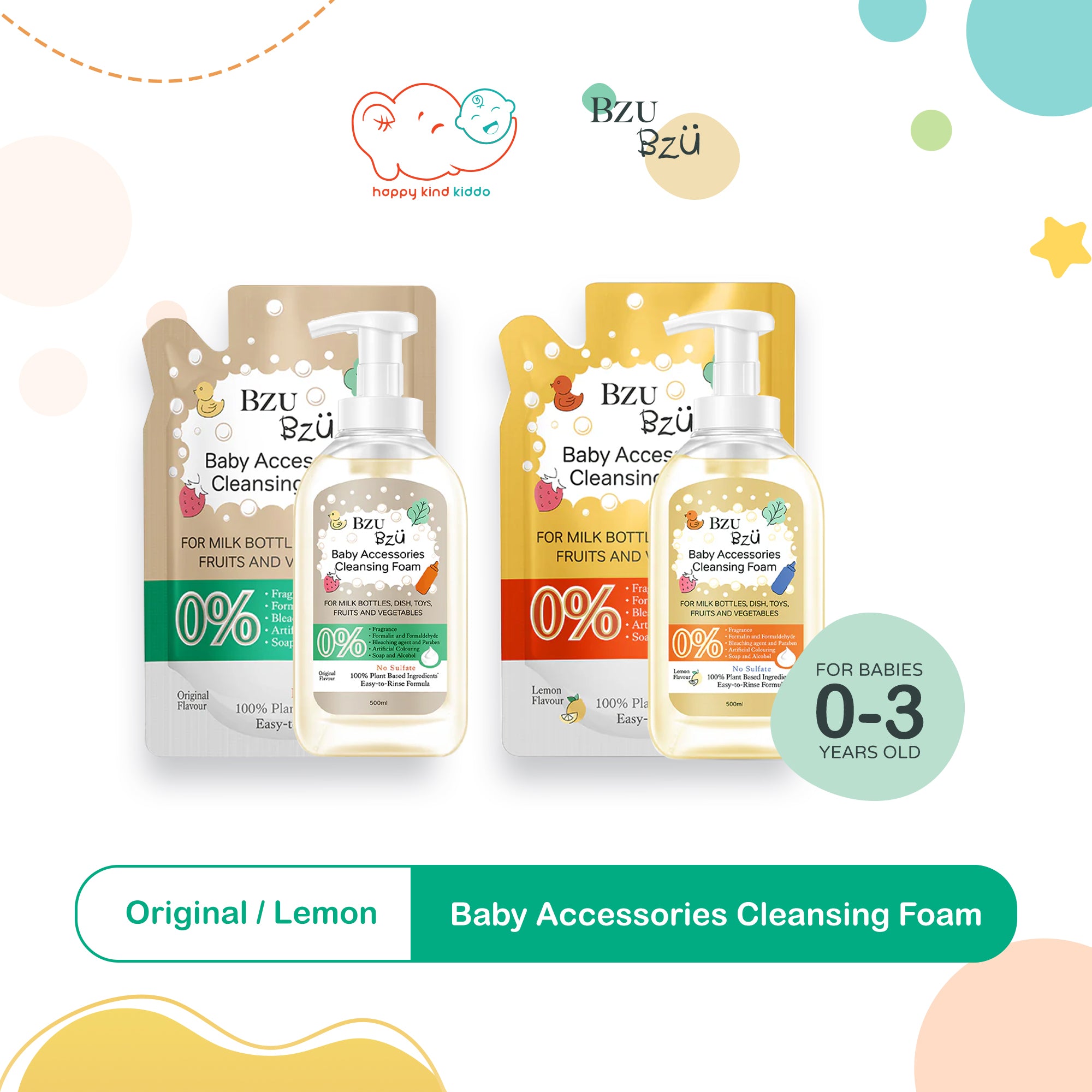 Bzu Bzu Baby Accessories Cleansing Foam (500mL Bottle or 400ml Refill), 2 Fragrances (Original, Lemon)