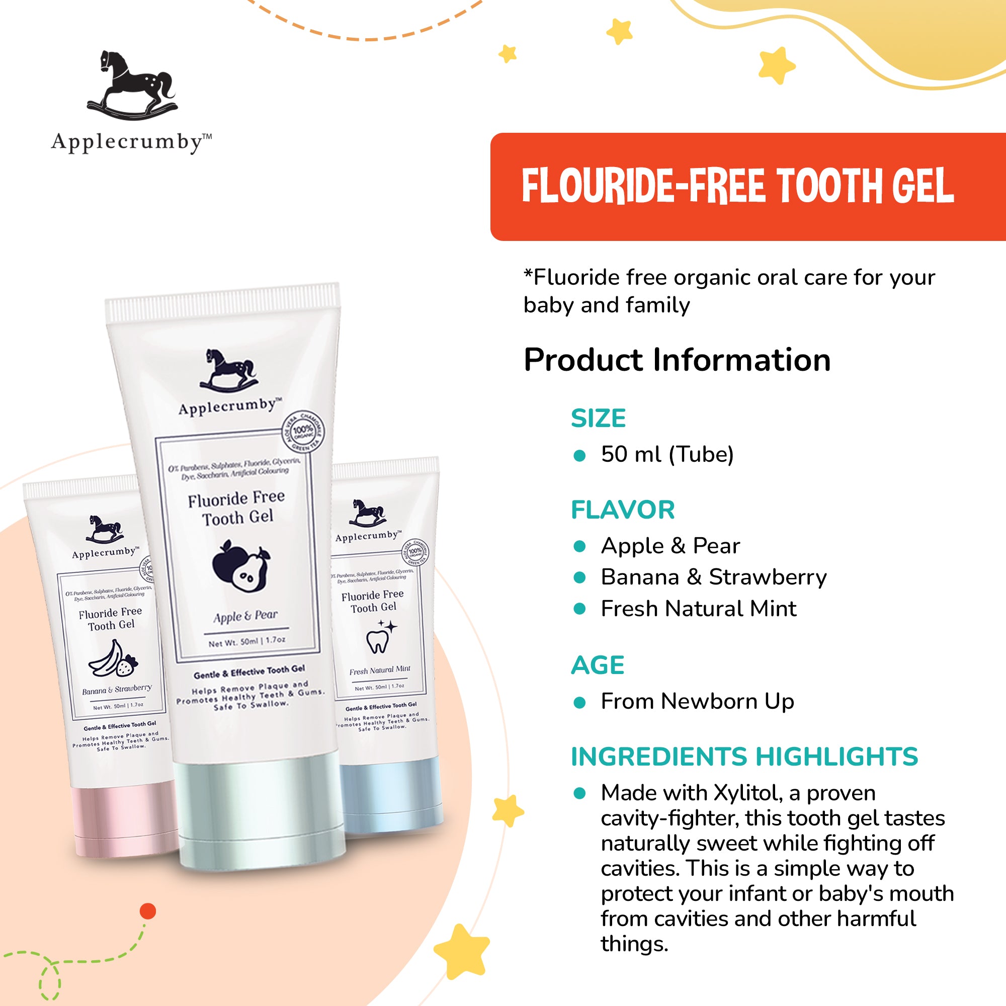 Applecrumby Fluoride-Free Toothgel for Newborn (50mL), 3 Flavors