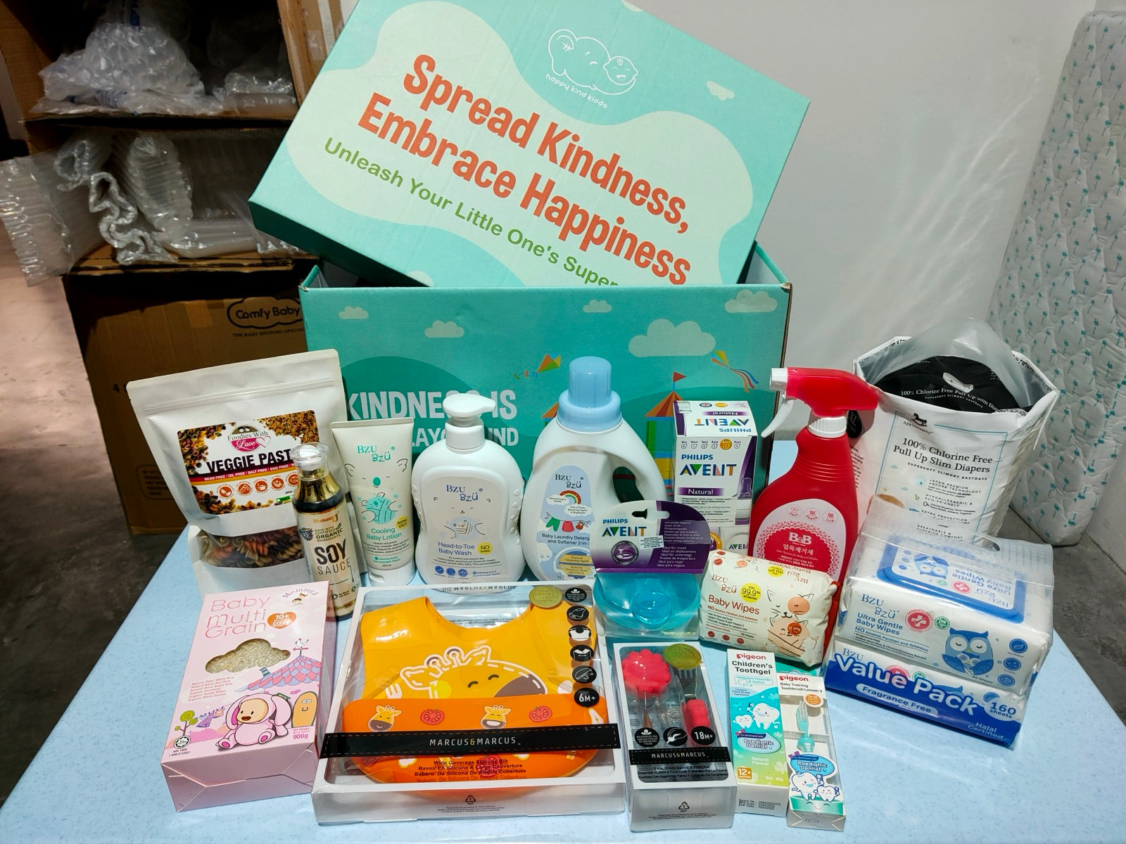 A packed Happy Kind Kiddo gift box