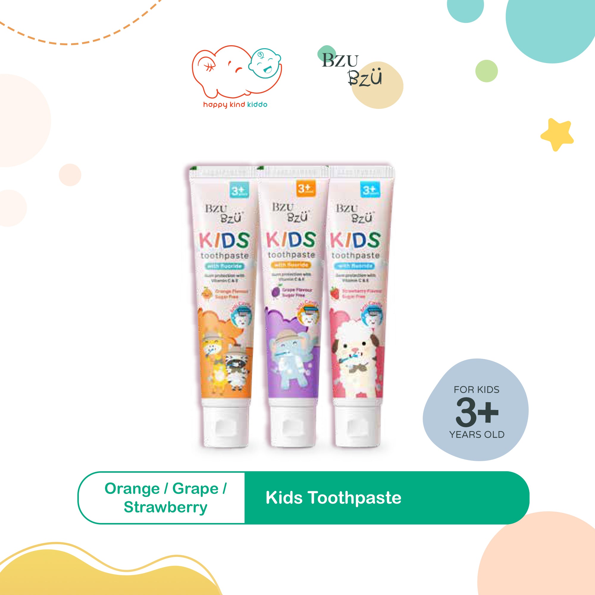 Bzu Bzu Kids Toothpaste (50g), 3 Flavors (Orange, Grape, Strawberry)