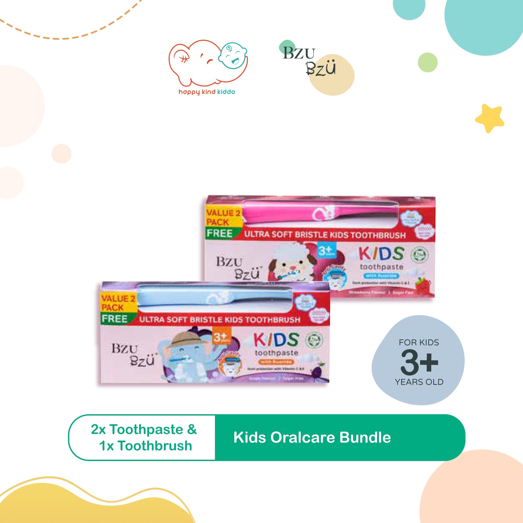 Bzu Bzu Kids Oralcare Bundle, Toothpaste + Toothbrush, 2 Flavors (Grape, Strawberry)