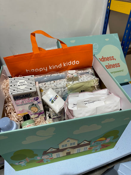 Orange tote, cereal, overnight nappies